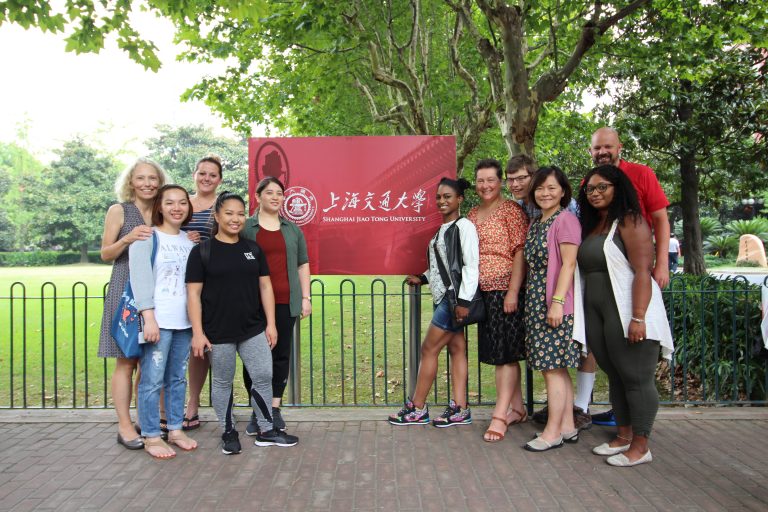 Faculty and students from Highline College and Tacoma Community College pose on the Campus of Jiao Tong University, our host institution in Shanghai.